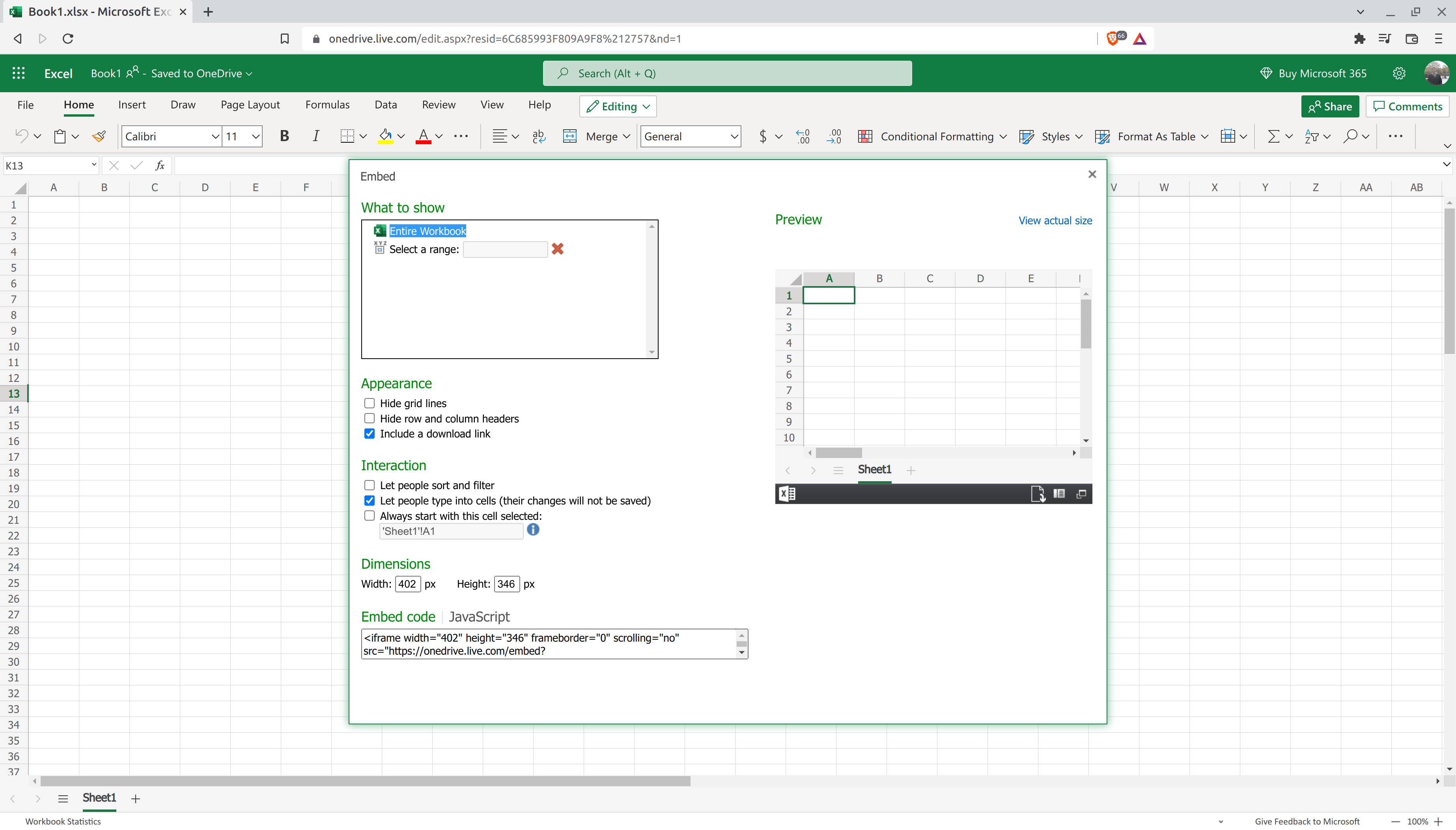 Generate Excel Embed Code