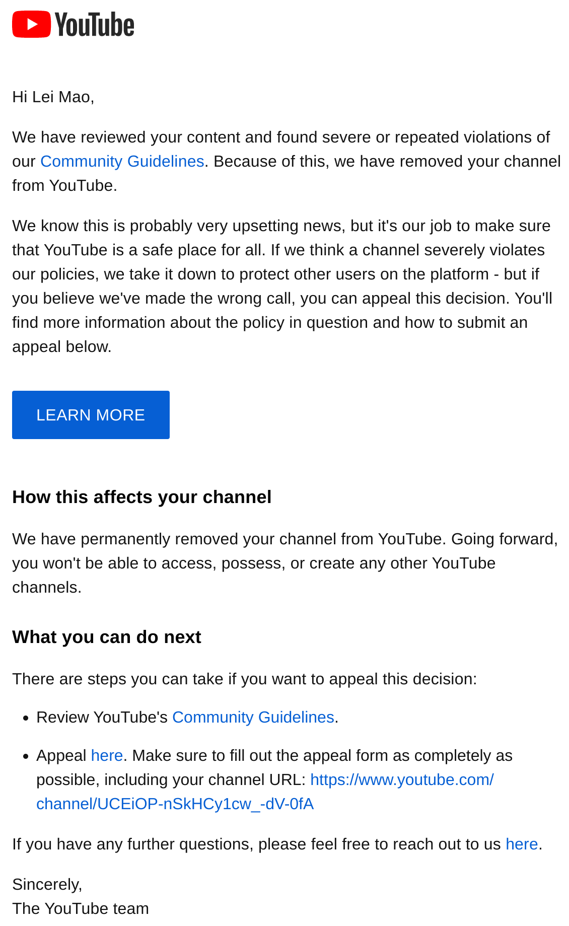 My channel has been wrongfully and permanently terminated by a bot