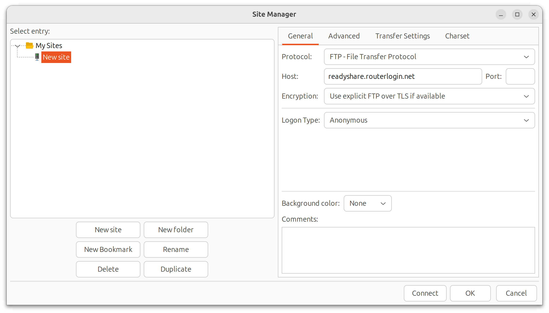 FileZilla Site Manager - General