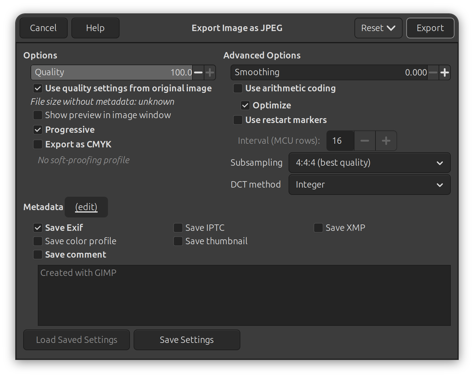 GIMP Export Settings